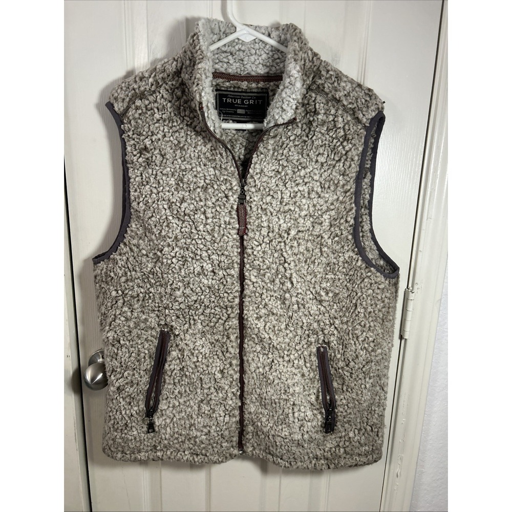 True Grit Sherpa Fleece Vest Gray White Zipper Pockets Women's Size Large